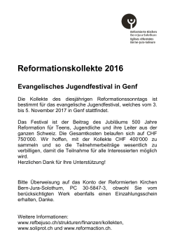 Reformationskollekte 2016 Evangelisches Jugendfestival in Genf