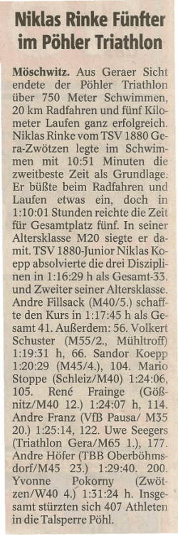 Niklas Rinke F&uuml;nfter im P&ouml;hler Triathlon - TSV 1880 Gera