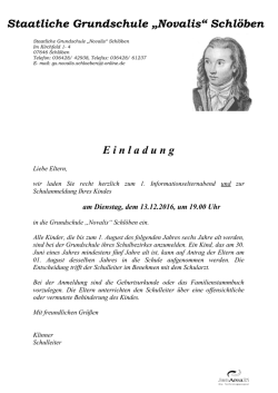 E i n l a d u n g Staatliche Grundschule &bdquo;Novalis&ldquo; Schl&ouml;ben