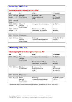 Donnerstag, 29.09.2016 Studiengang Betriebswirtschaft (BW