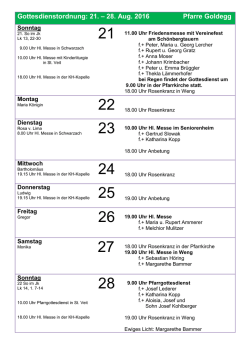 Gottesdienstordnung: 21. &ndash; 28. Aug. 2016 Pfarre Goldegg