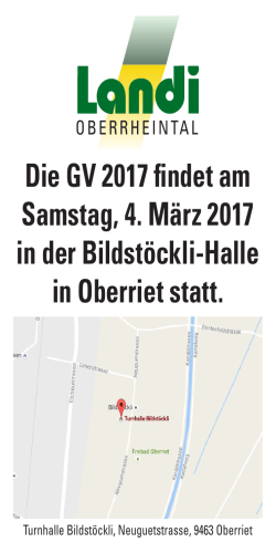 Die GV 2017 findet am Samstag, 4. März 2017 in der Bildstöckli