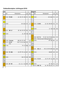 Gottesdienstplan Juli/August 2016