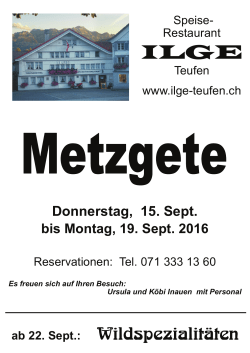 Donnerstag, 15. Sept. bis Montag, 19. Sept. 2016 ab 22. Sept.