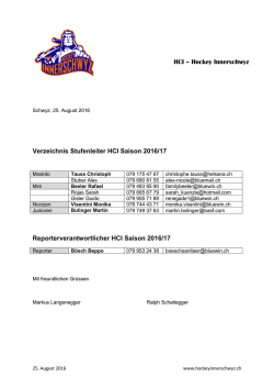 Hockey Innerschwyz Verzeichnis Stufenleiter HCI Saison 2016/17