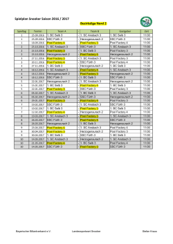 Spielplan Snooker Saison 2016 / 2017 Bezirksliga