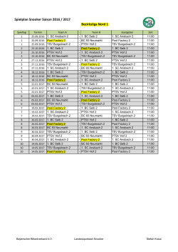 Spielplan Snooker Saison 2016 / 2017 Bezirksliga Nord 1