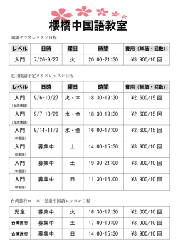 レベル 日時 曜日 時間 入門 7/26&sim;9/27 火 20:00&sim;21:30 &yen;3,900/10 回