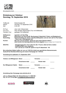 Einladung zur Velotour Sonntag, 18. September 2016