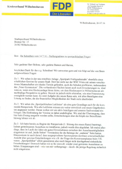 Stellungnahme der FDP - StadtSportBund Wilhelmshaven