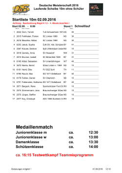 Startliste 10m Lfd. Scheibe 02.09.2016