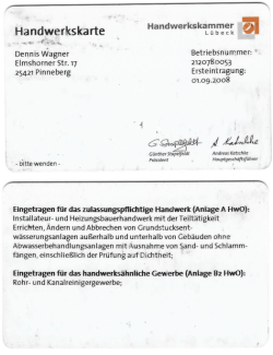 Handwerkskarte Eingetragen f&uuml;r das handwerks&auml;hnliche Gewerbe