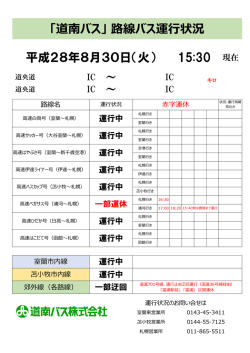 「道南バス」 路線バス運行状況 平成28年8月30日（火） 15:30 現在