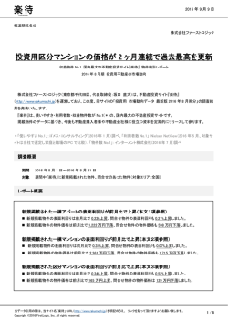投資用区分マンションの価格が 2 ヶ月連続で過去最高を更新