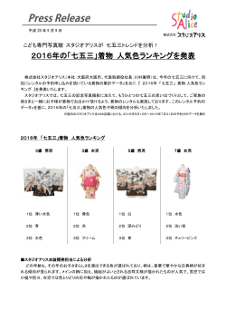 2016年の「七五三」着物 人気色ランキングを発表