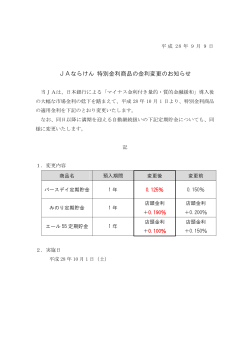 JAならけん 特別金利商品の金利変更のお知らせ