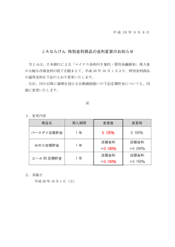 JAならけん 特別金利商品の金利変更のお知らせ
