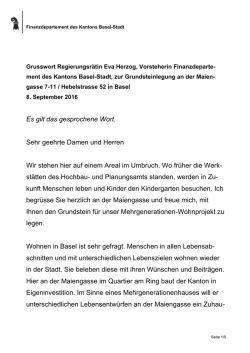 Grusswort zur Grundsteinlegung von Regierungsr&auml;tin Eva Herzog