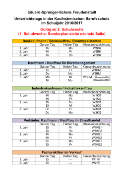 Schultage Kaufm. Berufsschule im Schuljahr 2016/2017