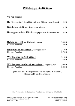 Wild-Spezialitäten - Restaurant Schmids Neueck, St. Fiden