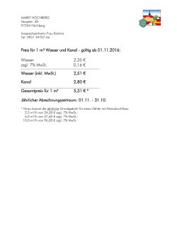 Preis für 1 m³ Wasser und Kanal - gültig ab 01.11.2016: Wasser 2,35