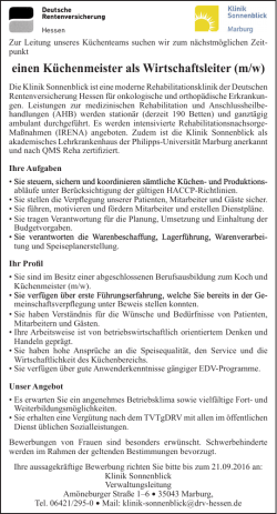 einen K&uuml;chenmeister als Wirtschaftsleiter (m/w)