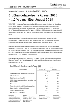 Gro&szlig;handelspreise im August 2016: &ndash; 1,2 % gegen&uuml;ber August 2015