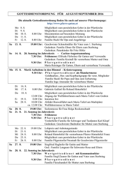 GOTTESDIENSTORDNUNG F&Uuml;R AUGUST/SEPTEMBER 2016