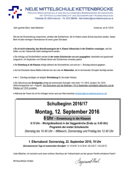 Informationen Schulbeginn 2016-2017