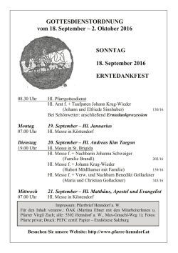GOTTESDIENSTORDNUNG vom 18. September &oelig; 2. Oktober 2016