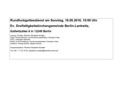 Rundfunkgottesdienst am Sonntag, 18.09.2016, 10:00 Uhr Ev