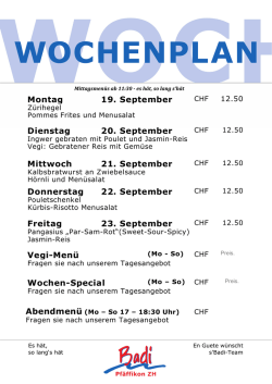 Mittagsmenu-Wochenplan vom 19. - 25. September 2016