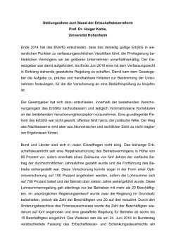 Stellungnahme von Prof. Dr. Holger Kahle zur Erbschaftssteuer