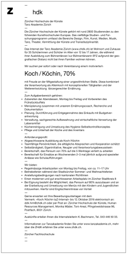 hdk Koch / Köchin, 70% - Zürcher Hochschule der Künste