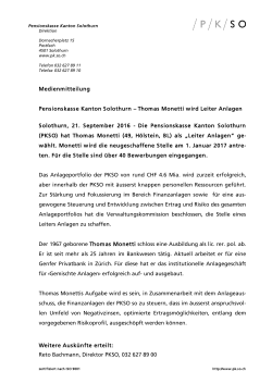 Medienmitteilung vom 21.09.2016 - Pensionskasse Kanton Solothurn