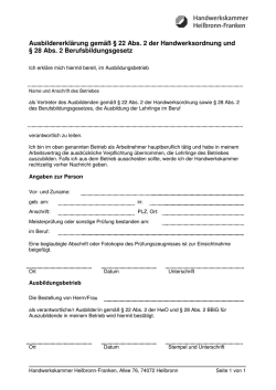 Ausbildererkl&auml;rung gem&auml;&szlig; &sect; 22 Abs. 2 der Handwerksordnung und