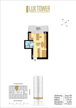 Wohnung: Fläche: Balkon: Stockwerk: Floorlevel: Top 4.09 31,27 m²