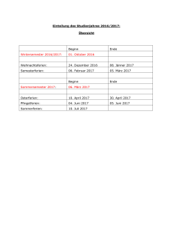 Einteilung des Studienjahres 2016/2017: Übersicht Beginn Ende
