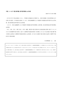 中国：1～8 月 電力使用量 前年度同期比 4.2％増