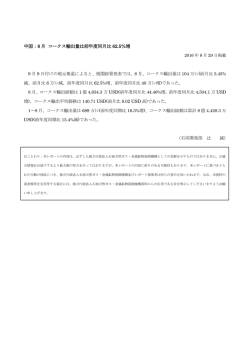 中国：8 月 コークス輸出量は前年度同月比 62.5％増