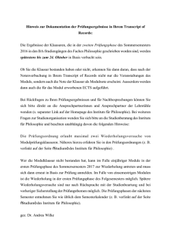 Hinweis zur Dokumentation der Klausurergebnisse in Ihrem Transcript