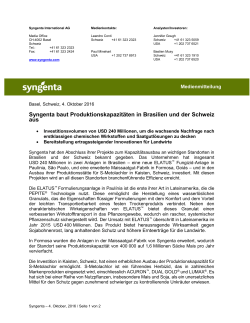 Syngenta baut Produktionskapazitäten in Brasilien und der Schweiz
