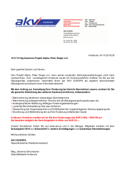 Innsbruck, 04.10.2016/JS 19 S 73/16g Insolvenz Projekt Alpha