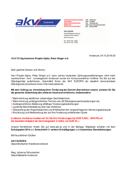 Innsbruck, 04.10.2016/JS 19 S 73/16g Insolvenz Projekt Alpha