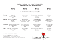 Wochen-Menüplan vom 4. bis 7. Oktober 2016 Restaurant zur Rose