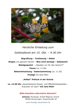 Herzliche Einladung zum Gottesdienst am 15. Okt. &ndash; 9.30 Uhr
