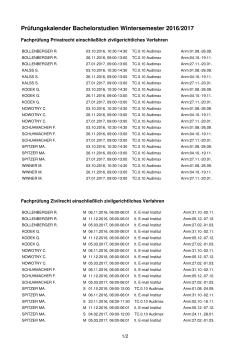 Prüfungskalender Bachelorstudien Wintersemester 2016/2017