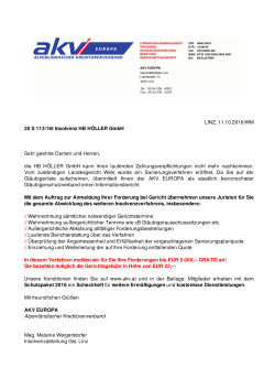 LINZ, 11.10.2016/WM 20 S 113/16t Insolvenz HB HÖLLER GmbH