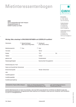 Interessentenbogen f&uuml;r Studentenwohnheime