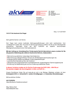 Graz, 12.10.2016/DI 18 S 37/16s Insolvenz Karl Hager Sehr geehrte